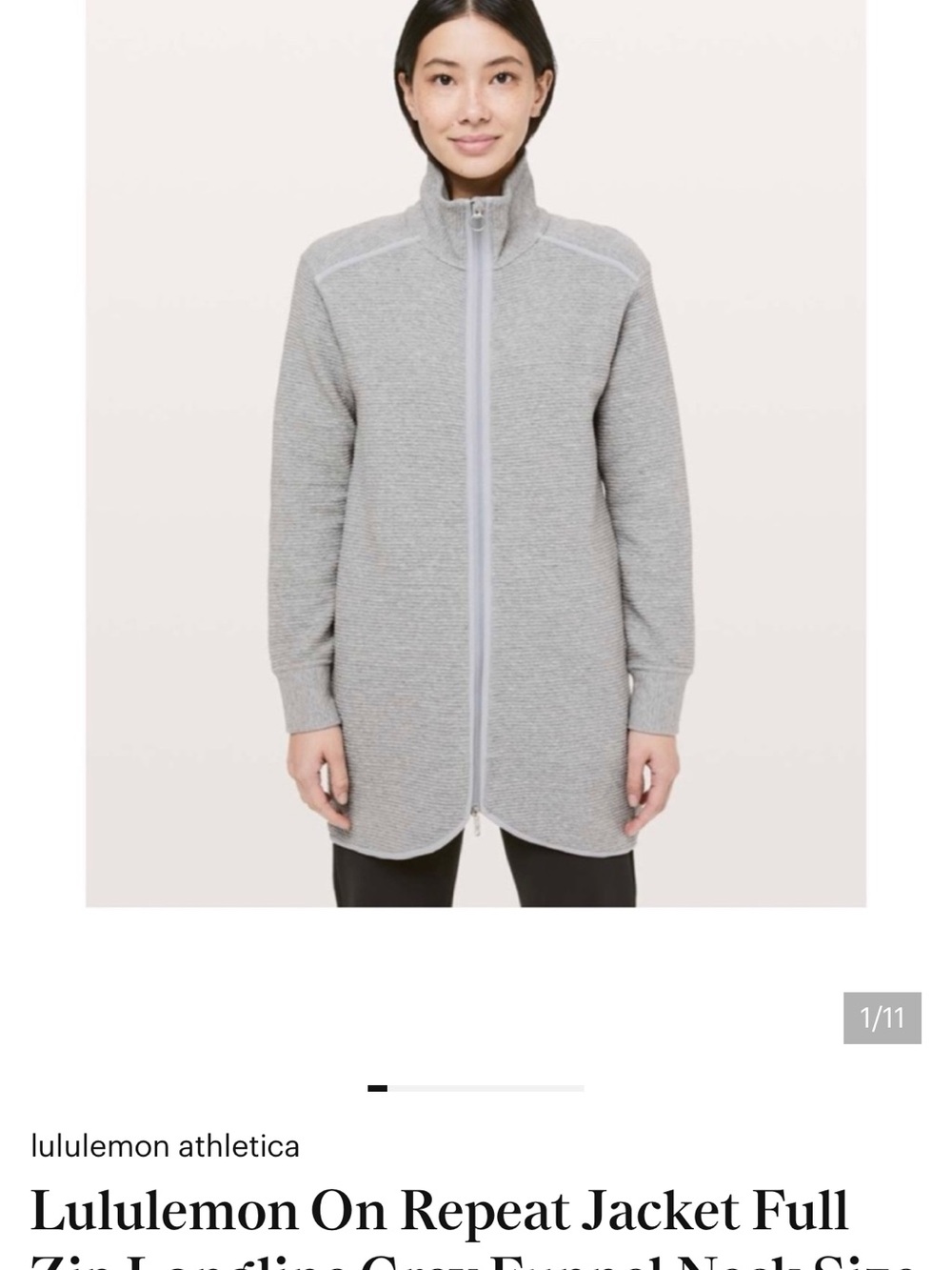 lululemon Light Gray Zip jacket full zip longline grey funnel neck size 6